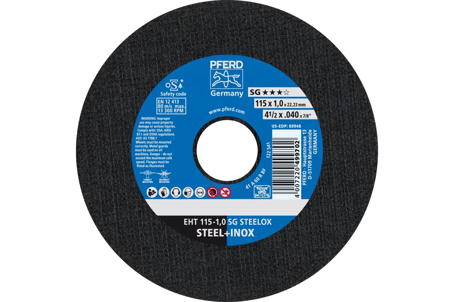 Picture of Pferd Cut-Off Wheel, 4-1/2" X .040 X 7/8, Sg Steelox, T1, Aluminum Oxide
